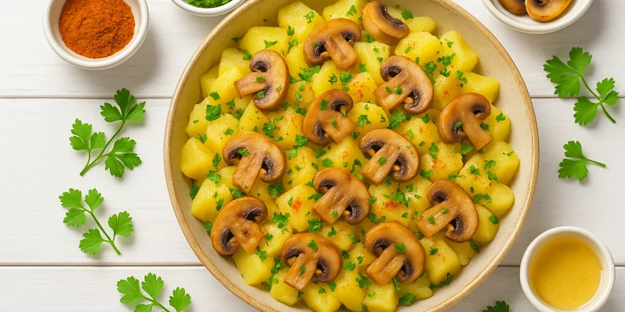 Kartoffelsalat nach Jägerart mit Pilzen und Kräutern in heller Schale auf weißem Holzhintergrund