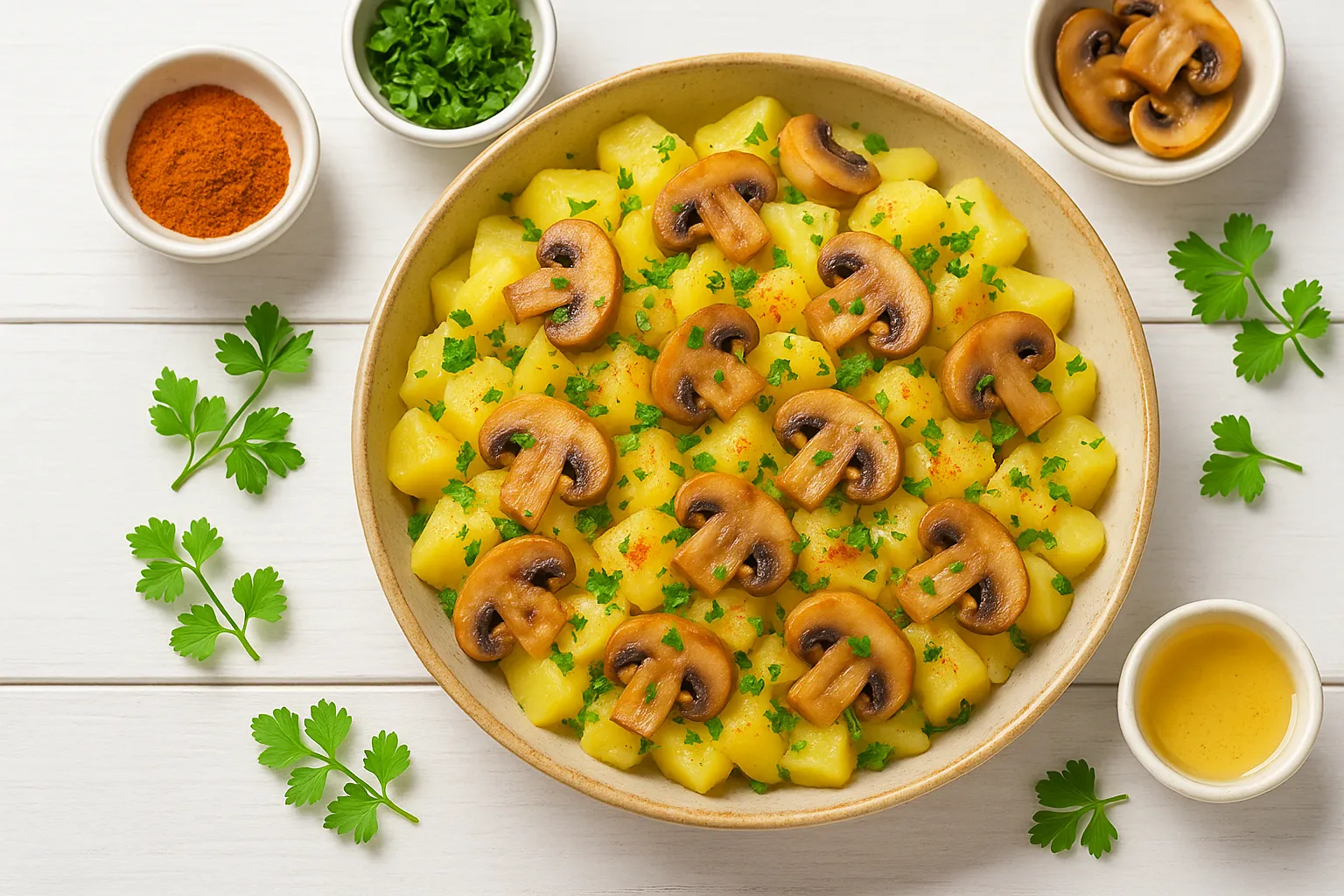 Kartoffelsalat nach Jägerart mit Pilzen und Kräutern in heller Schale auf weißem Holzhintergrund