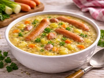 Deftige Kartoffelsuppe mit Bockwürsten und Gemüse in weißer Suppenschüssel auf Holztisch