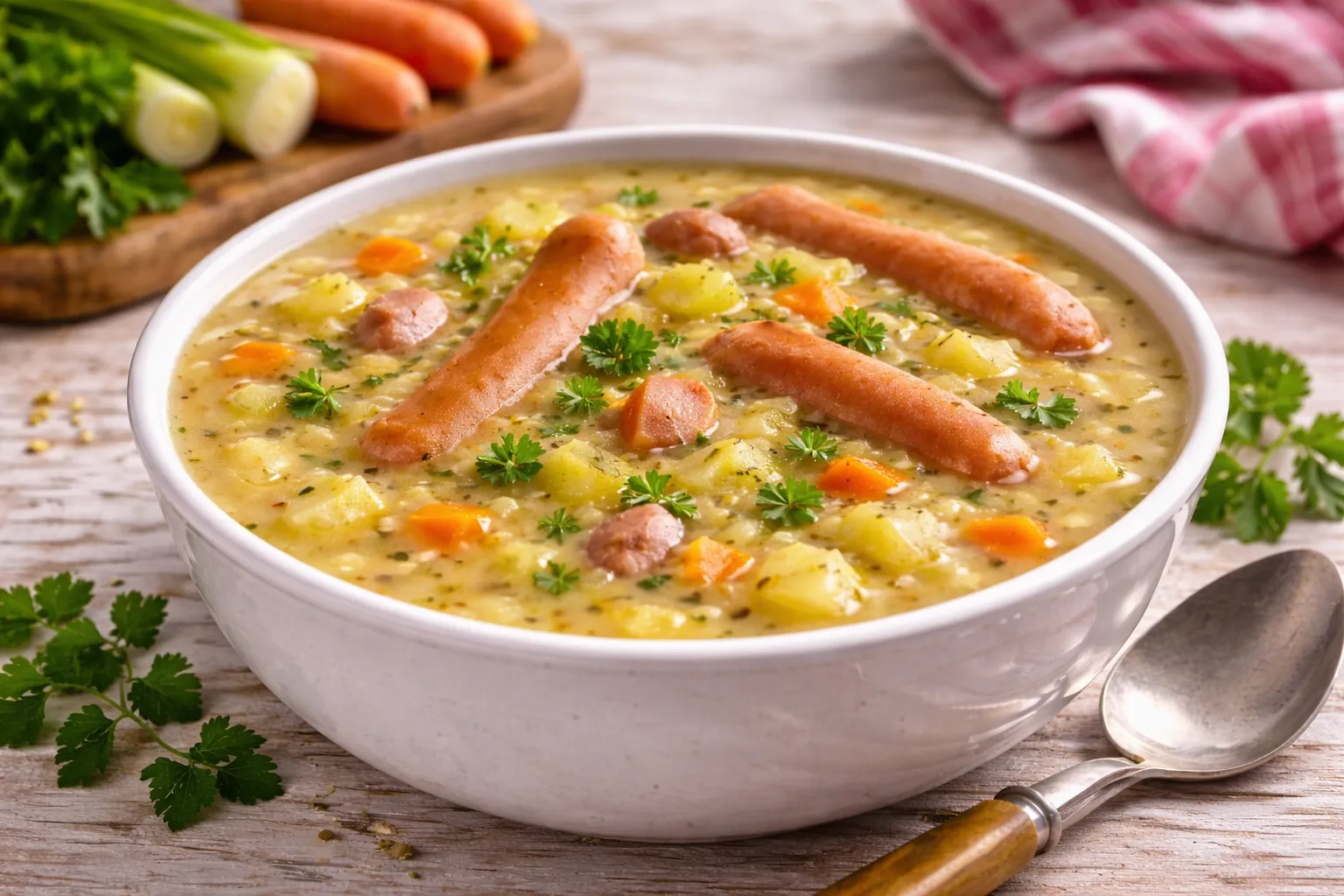 Deftige Kartoffelsuppe mit Bockwürsten und Gemüse in weißer Suppenschüssel auf Holztisch
