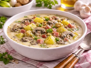 Herzhafte Kartoffelsuppe mit Champignons und Schinken in weißer Schüssel auf Holztisch
