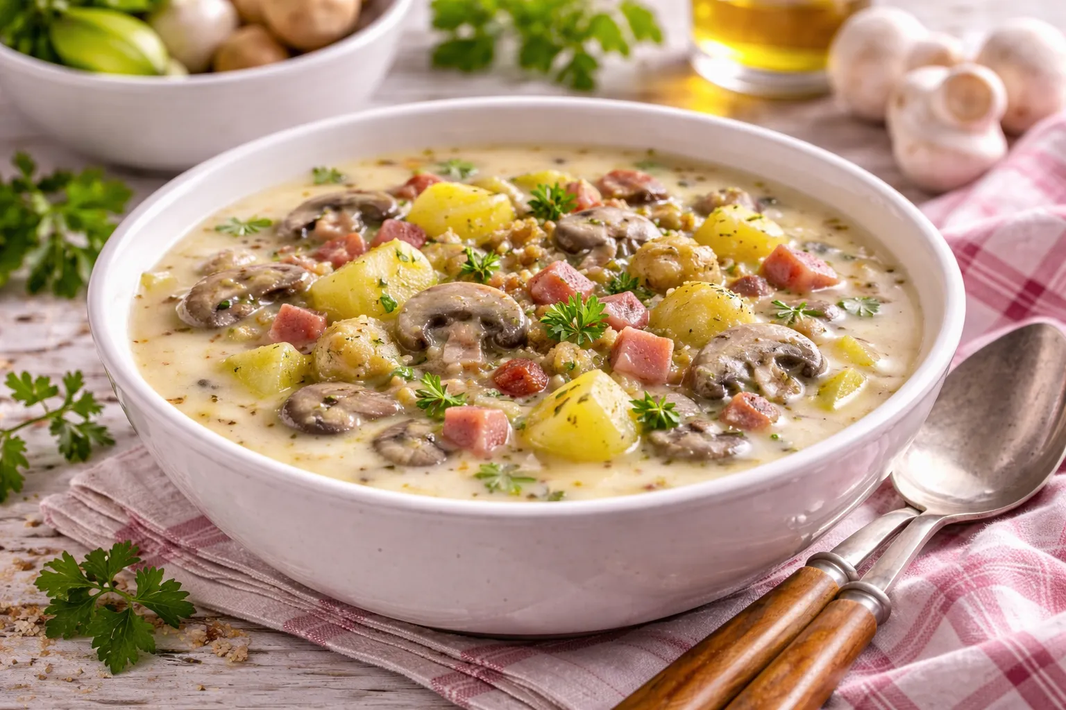 Herzhafte Kartoffelsuppe mit Champignons und Schinken in weißer Schüssel auf Holztisch