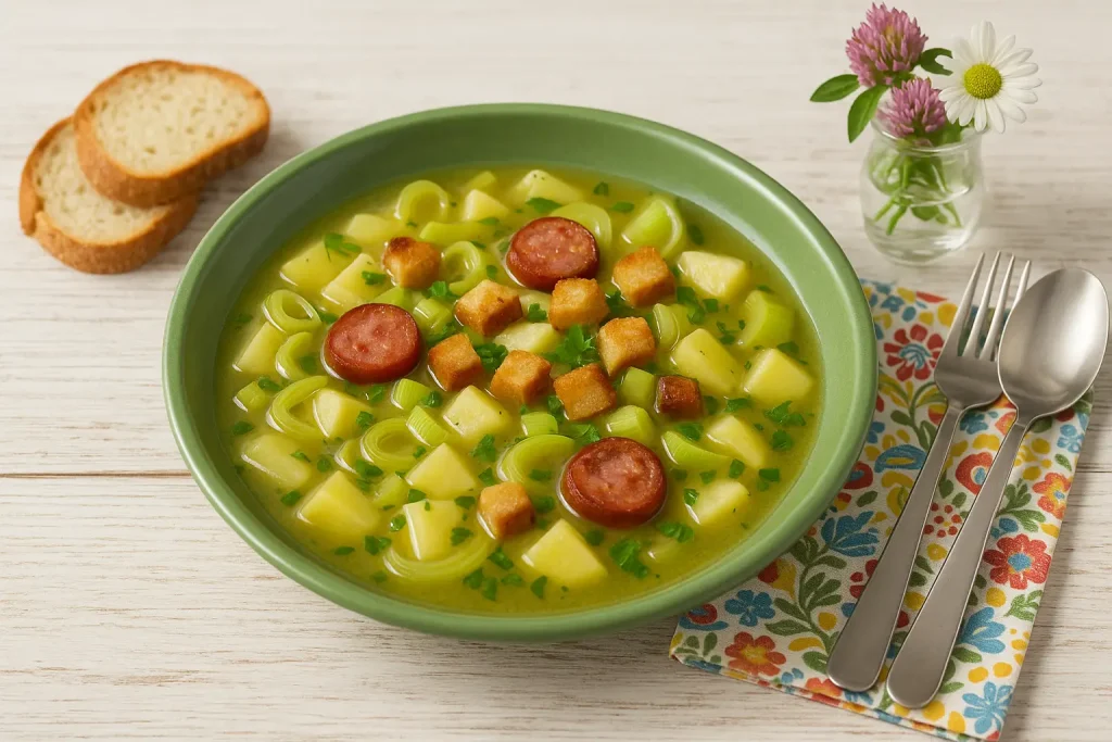 Kartoffelsuppe mit Porree, Knackwurst und Weißbrotwürfeln im grünen Teller, moderne Deko, weißer Holzhintergrund, Sommerblumen.
