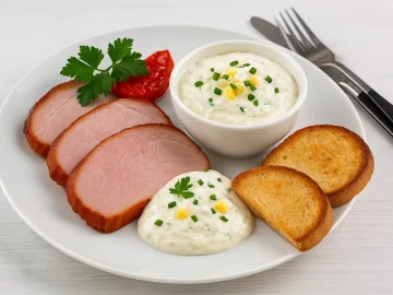 Kassler in Scheiben mit Meerrettichsoße aus Joghurt, Ei und Gurke, dazu Brot serviert