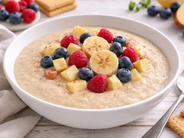 Cremiger Keksbrei aus Butterkeksen mit frischem Obst in einer weißen Schüssel auf hellem Holztisch