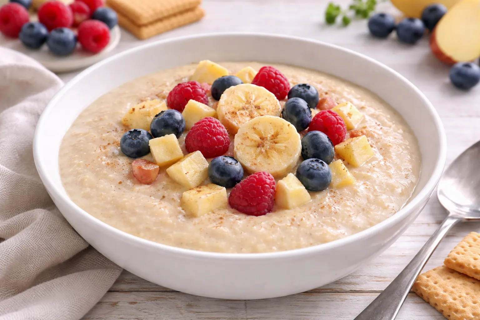 Cremiger Keksbrei aus Butterkeksen mit frischem Obst in einer weißen Schüssel auf hellem Holztisch