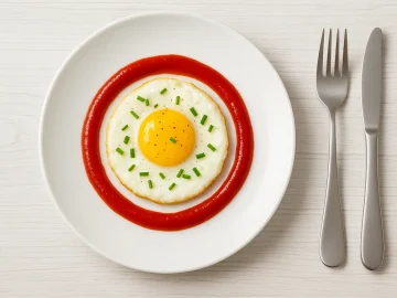 Spiegelei mit Ketchup-Kranz und Schnittlauch auf weißem Teller serviert