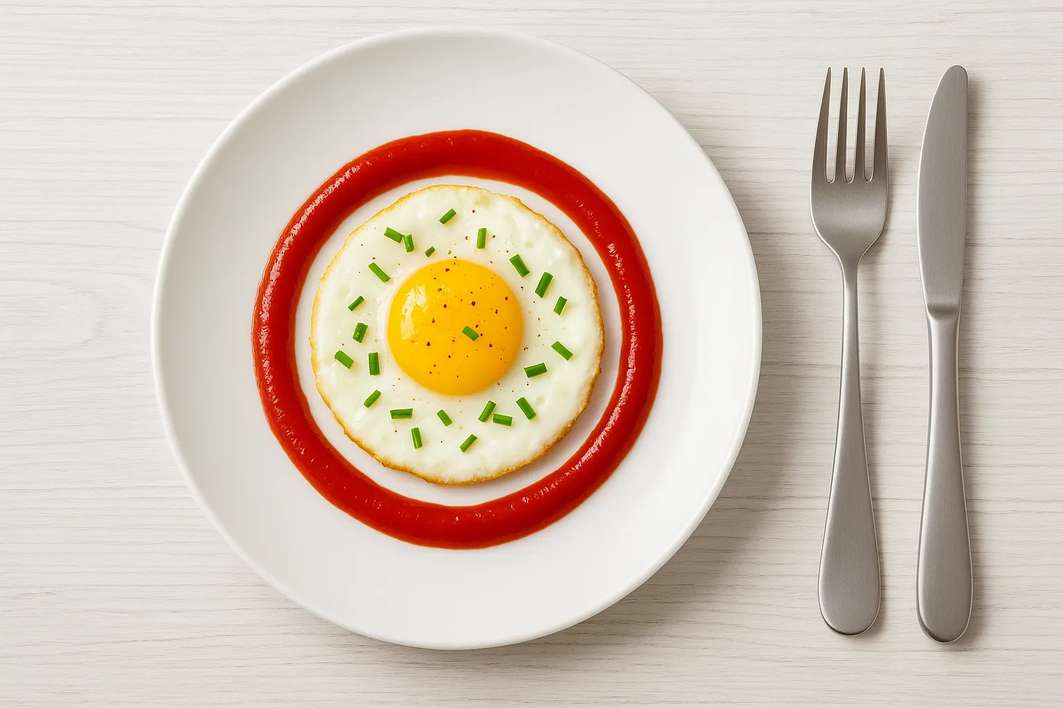 Spiegelei mit Ketchup-Kranz und Schnittlauch auf weißem Teller serviert
