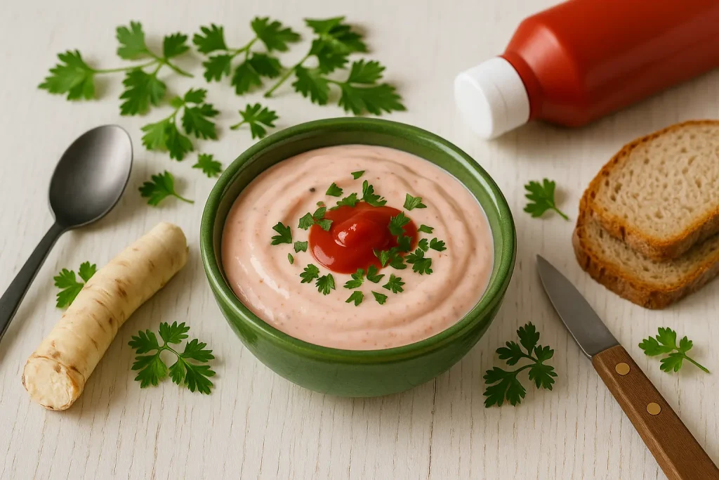Ketchup-Meerrettich-Soße in grüner Schale auf weißem Holztisch, dekoriert mit frischen Kräutern, Brot und Meerrettich.