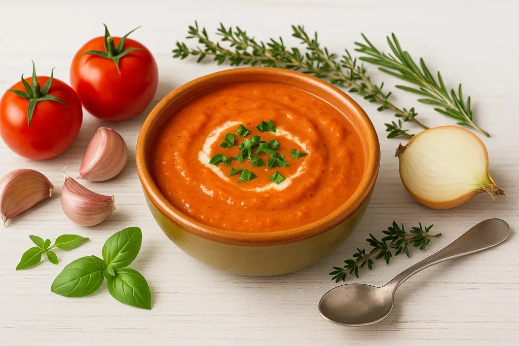 Knoblauch-Tomaten-Soße in orangefarbener Schale auf weißem Holztisch, dekoriert mit Tomaten, Knoblauch und frischen Kräutern.