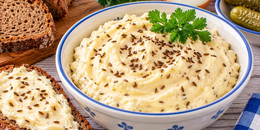 Cremiger Kochkäse aus Quark mit Kümmel und frischem Bauernbrot.