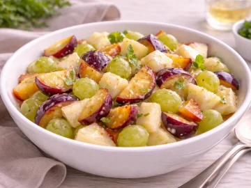 Fruchtsalat mit Pflaumen, Birnen und grünen Weintrauben in weißer Schüssel auf hellem Holztisch.