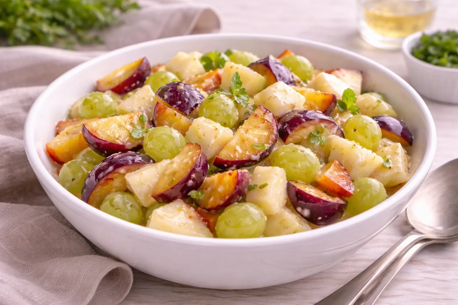 Fruchtsalat mit Pflaumen, Birnen und grünen Weintrauben in weißer Schüssel auf hellem Holztisch.