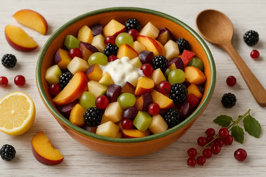 Obstsalat mit Pfirsichen, Birnen, Pflaumen, Melone, Beeren und Sahne in grüner Schale auf weißem Holztisch, dekoriert mit frischem Obst und Beeren.