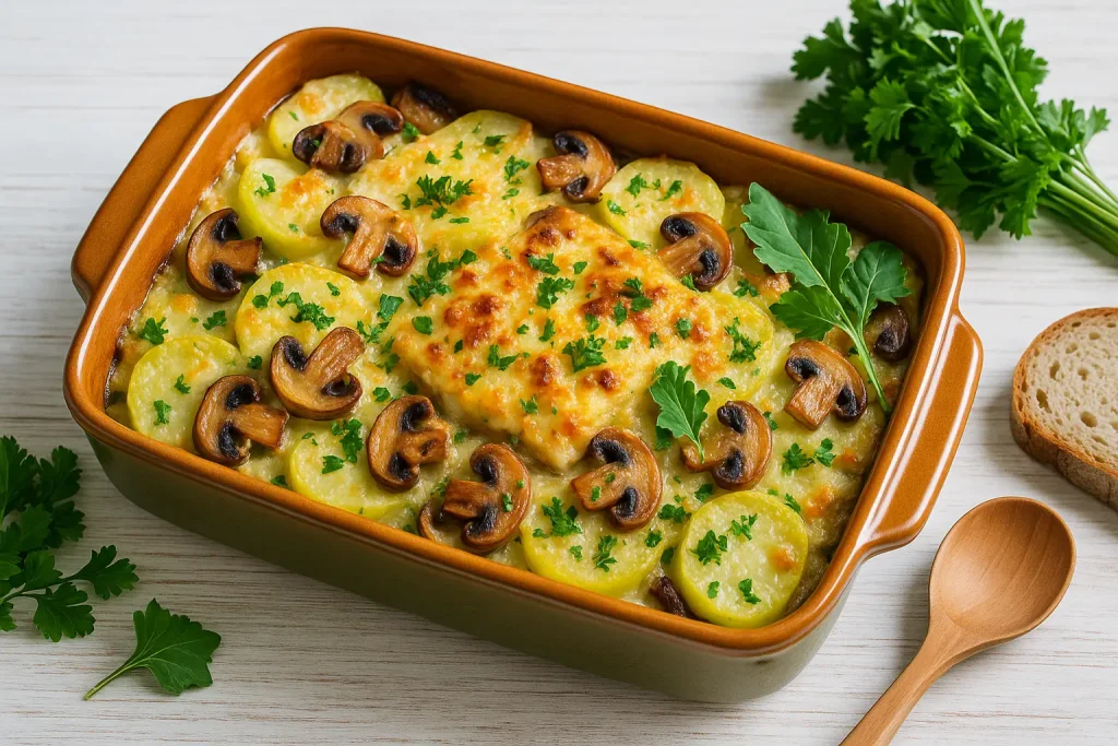 Kohlrabi-Auflauf mit Champignons in orangefarbener Auflaufform auf weißem Holztisch, garniert mit frischer Petersilie.