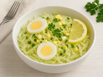 Kohlrabi-Eier-Salat in weißer Schüssel mit Zitronenscheibe und Petersilie dekoriert