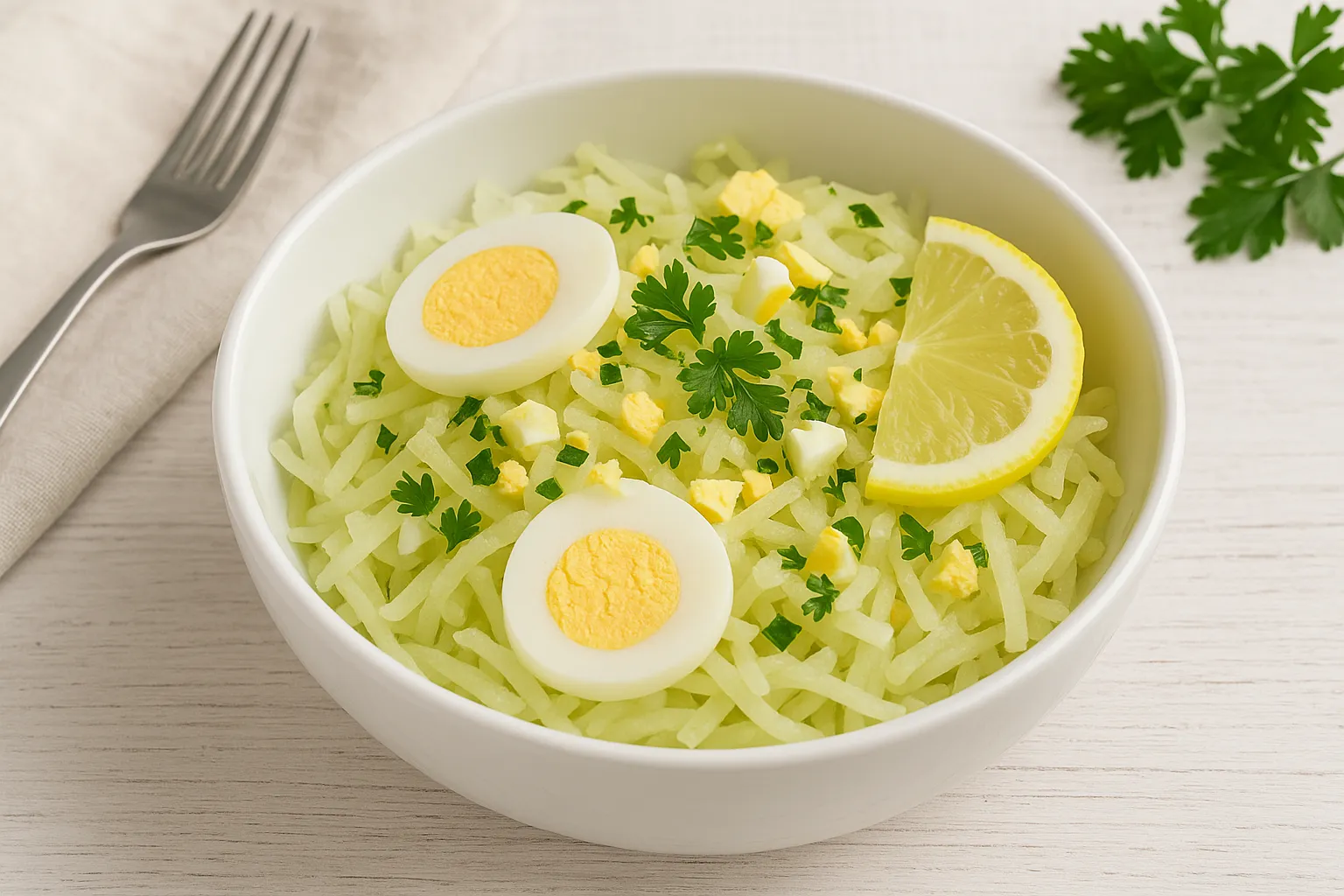 Kohlrabi-Eier-Salat in weißer Schüssel mit Zitronenscheibe und Petersilie dekoriert
