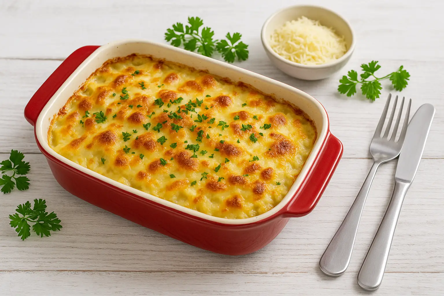 Kohlrabiauflauf mit Käsekruste in roter Auflaufform, dekoriert mit Petersilie auf weißem Holztisch, daneben Besteck und Käse.