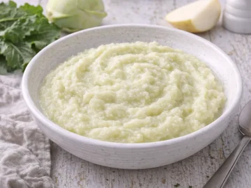 Kohlrabibrei aus Kohlrabi und Kartoffel in weißer Schüssel auf weißem Holzhintergrund