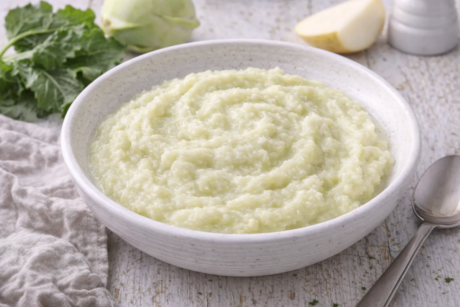 Kohlrabibrei aus Kohlrabi und Kartoffel in weißer Schüssel auf weißem Holzhintergrund