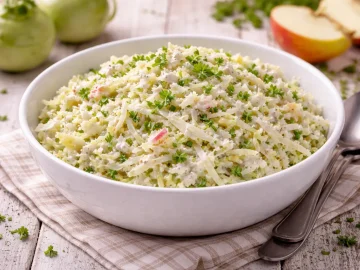Frische Kohlrabifrischkost mit Apfel und Petersilie in weißer Schüssel auf hellem Holztisch
