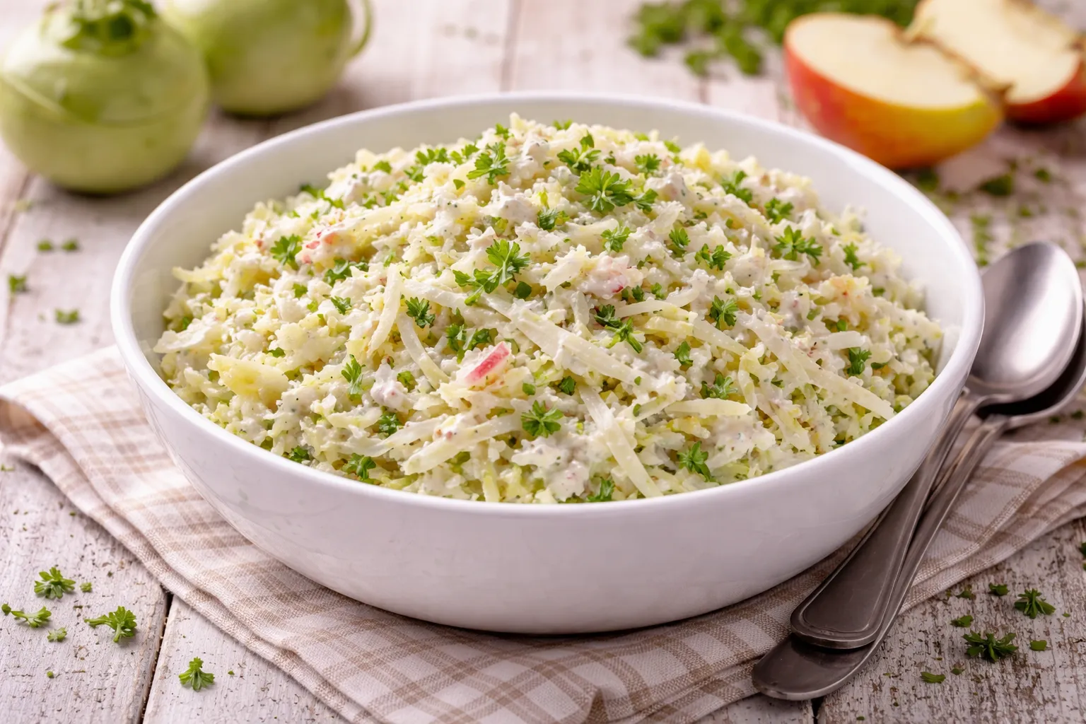 Frische Kohlrabifrischkost mit Apfel und Petersilie in weißer Schüssel auf hellem Holztisch