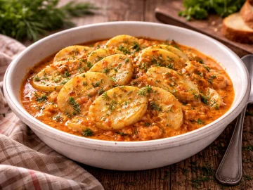 Gebratenes Kohlrabigemüse mit Kräutern in heller Schüssel auf Holztisch