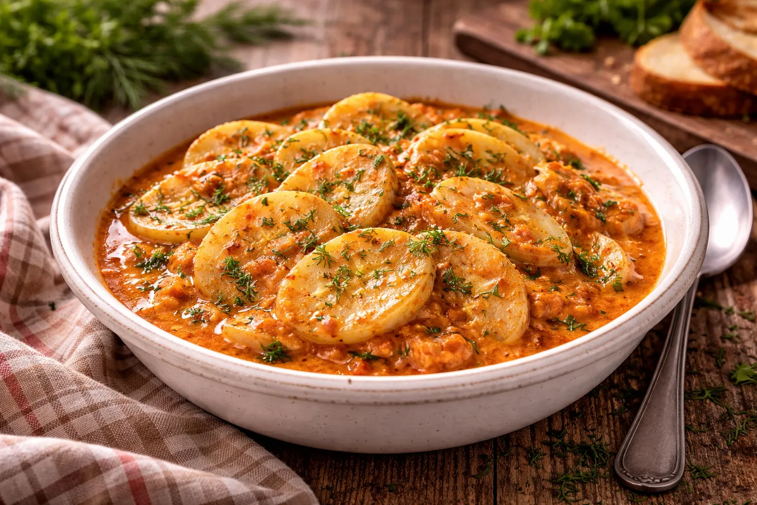 Gebratenes Kohlrabigemüse mit Kräutern in heller Schüssel auf Holztisch