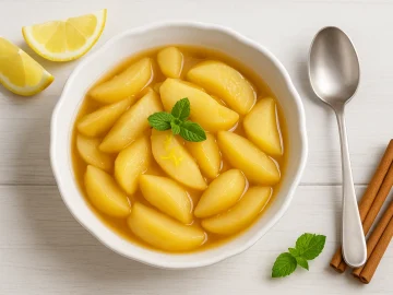 Frisches Apfel-Birnen-Kompott in einer weißen Schale auf hellem Holztisch serviert