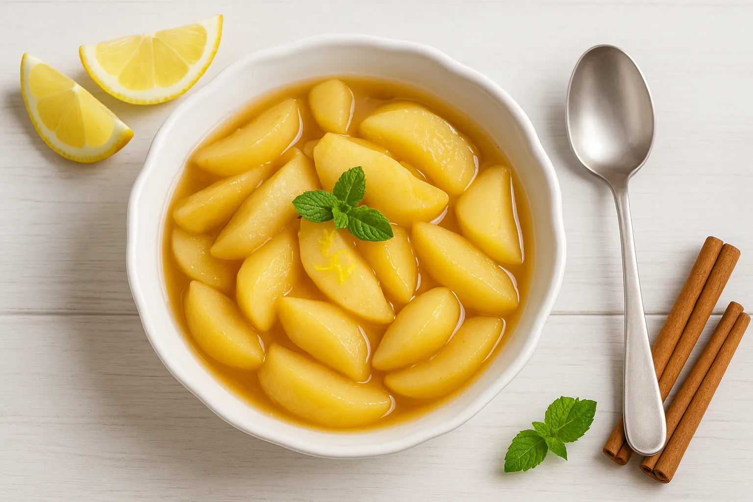 Frisches Apfel-Birnen-Kompott in einer weißen Schale auf hellem Holztisch serviert