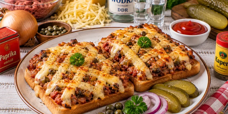 Überbackener Kosakentoast mit Schabefleisch und geschmolzenem Käse.