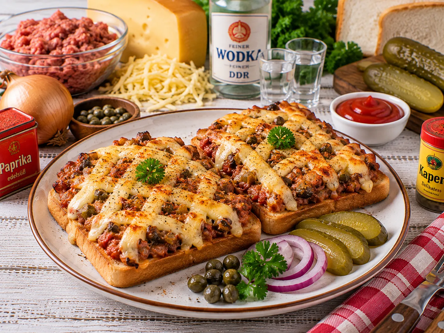Überbackener Kosakentoast mit Schabefleisch und geschmolzenem Käse.
