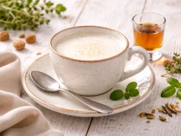 Tasse warme Milch mit Kräuterlikör auf weißem Holztisch mit rustikalem Geschirr und Dekoration