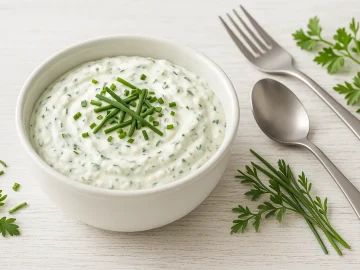 Cremiger Kräuterquark im weißen DDR-Schälchen, garniert mit frischem Schnittlauch, auf weißem Holzhintergrund serviert