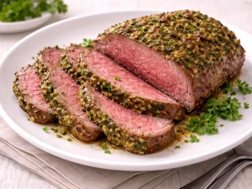 In Scheiben geschnittenes Roastbeef mit Kräuterkruste auf weißem Teller auf hellem Holztisch