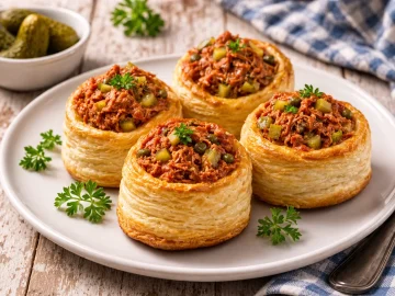Blätterteigpastetchen gefüllt mit würziger Fleischmasse auf hellem Holztisch angerichtet