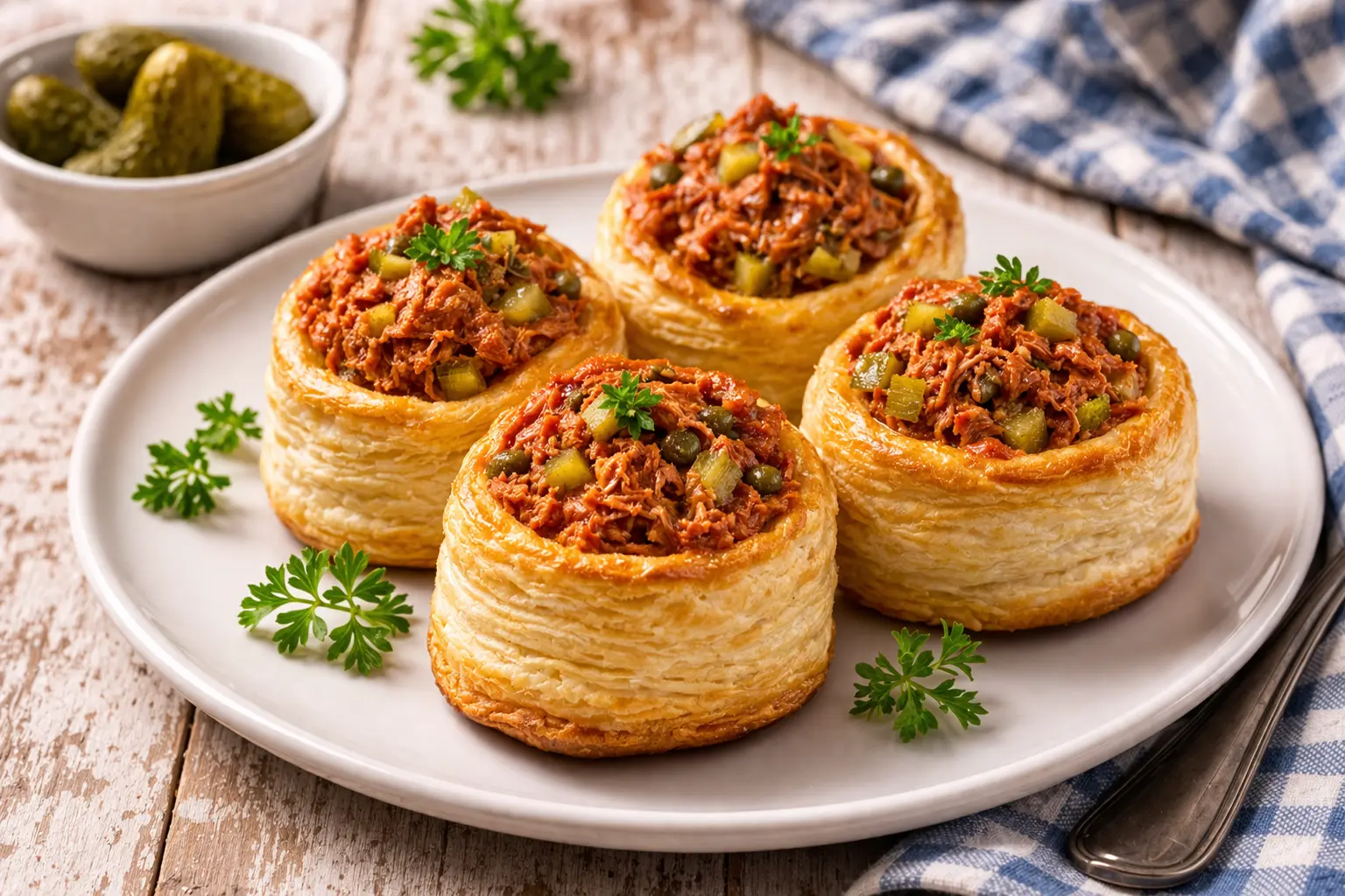 Blätterteigpastetchen gefüllt mit würziger Fleischmasse auf hellem Holztisch angerichtet