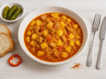 Krautgulasch auf Ungarische Art mit Fleisch, Sauerkraut und Kartoffeln in rustikalem weißem Teller serviert