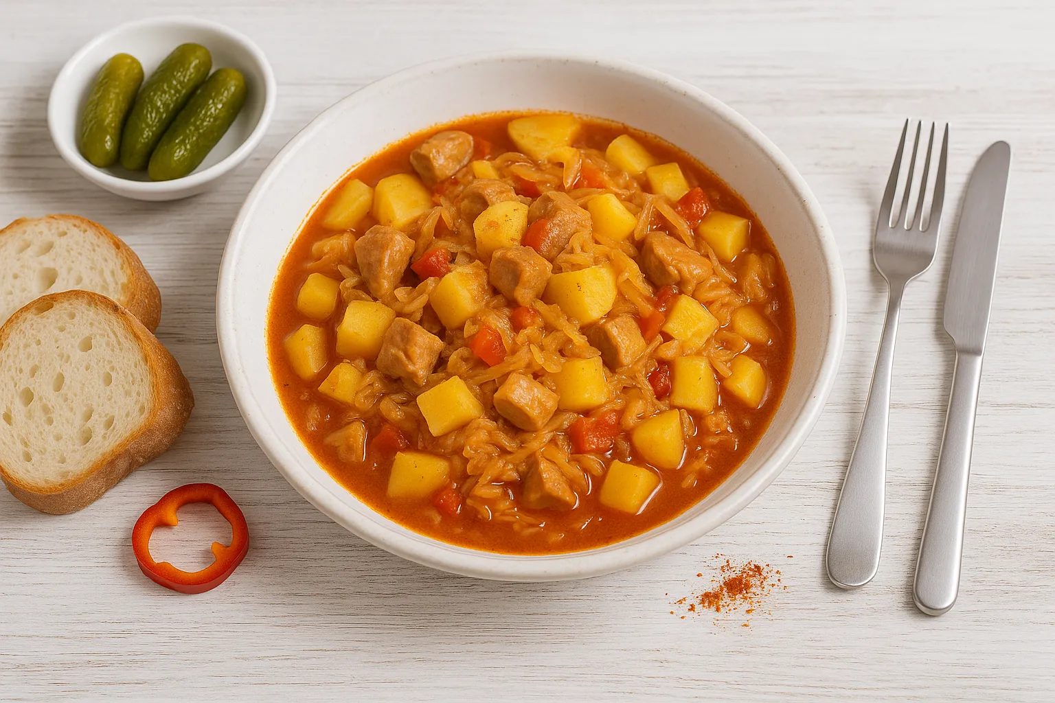 Krautgulasch auf Ungarische Art mit Fleisch, Sauerkraut und Kartoffeln in rustikalem weißem Teller serviert