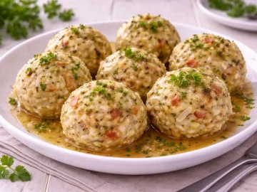 Krautklöße aus Weißkraut und Speck auf weißem Teller mit Kräutern serviert