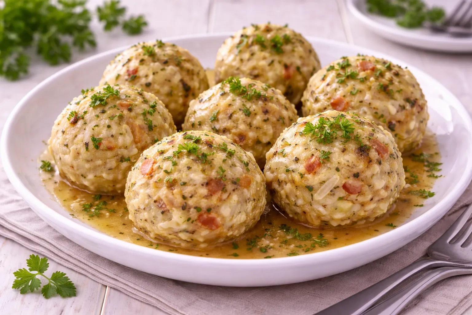 Krautklöße aus Weißkraut und Speck auf weißem Teller mit Kräutern serviert