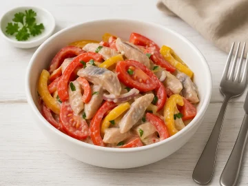 Kubanischer Heringssalat mit Paprika, Tomaten, Zwiebeln und Hering in cremiger Sauce auf weißem Holztisch