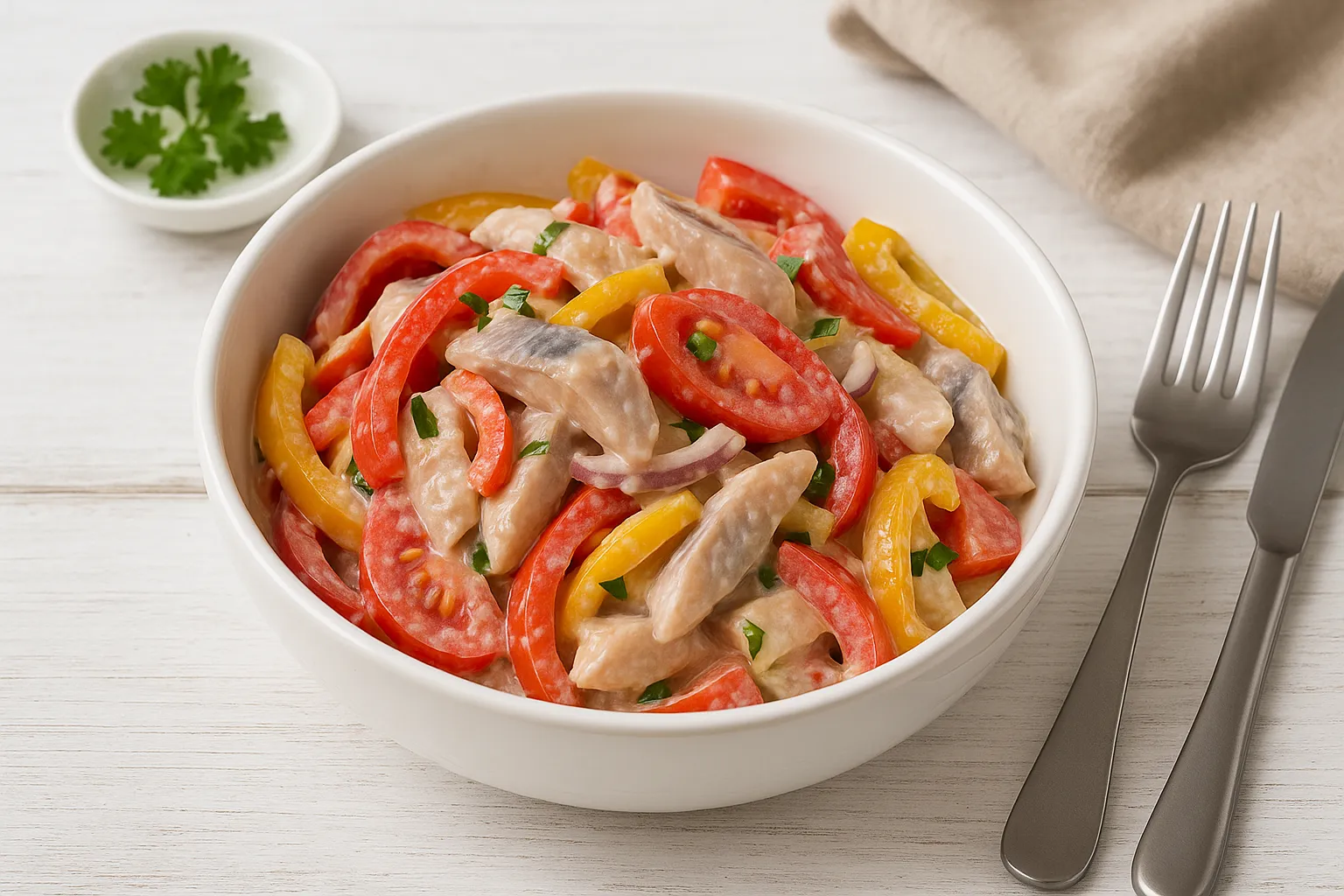 Kubanischer Heringssalat mit Paprika, Tomaten, Zwiebeln und Hering in cremiger Sauce auf weißem Holztisch