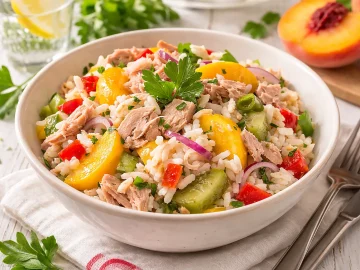 Schüssel mit kubanischem Thunfischsalat aus Thunfisch, Reis, Pfirsichen, Paprika und Gurken auf weißem Holztisch