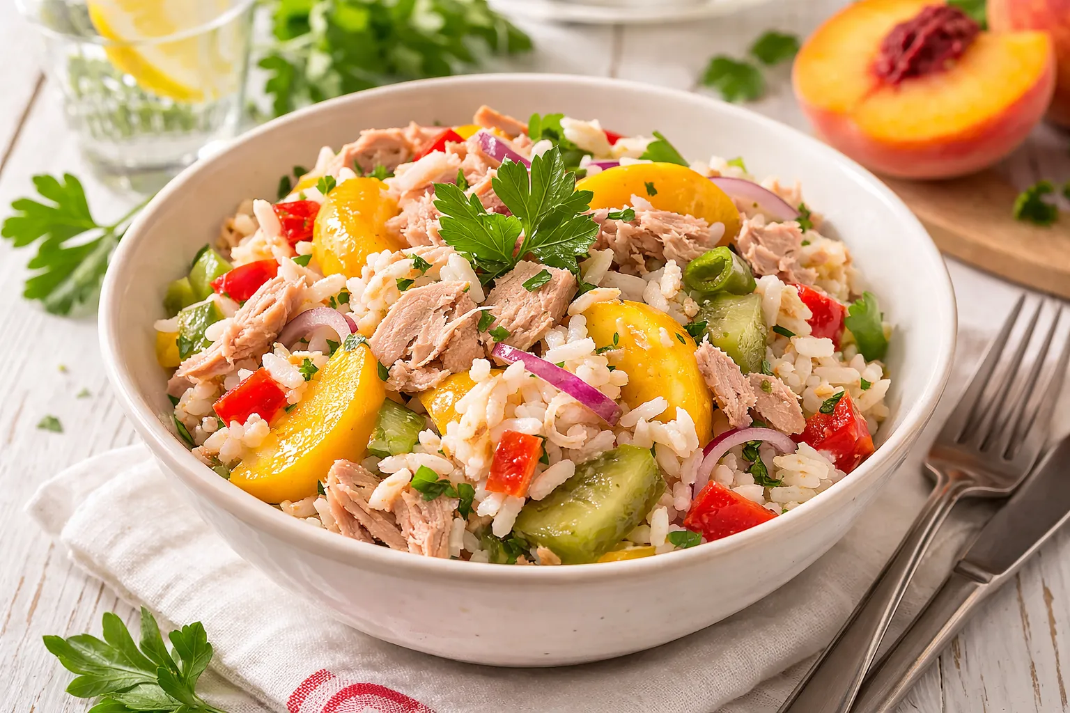 Schüssel mit kubanischem Thunfischsalat aus Thunfisch, Reis, Pfirsichen, Paprika und Gurken auf weißem Holztisch
