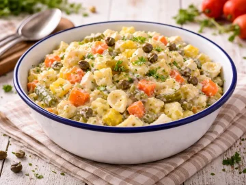 Bunter Kuddelmuddel-Salat mit Gemüse und Ei in Emaille-Schüssel auf weißem Holztisch