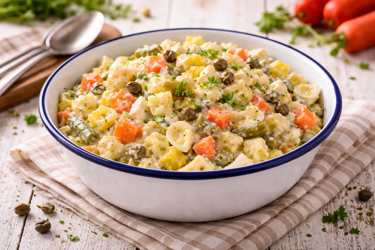 Bunter Kuddelmuddel-Salat mit Gemüse und Ei in Emaille-Schüssel auf weißem Holztisch