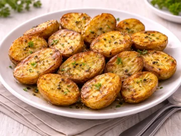 Goldbraune Kartoffelhälften mit Kümmel auf weißem Teller auf hellem Holztisch