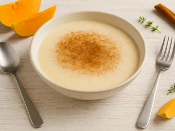 Kürbis-Milchsuppe in weißer DDR-Schüssel mit Zimt bestäubt, serviert auf hellem Holztisch mit Besteck und Deko