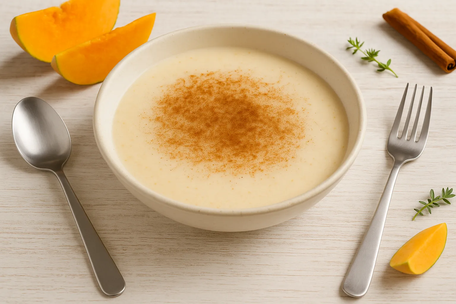 Kürbis-Milchsuppe in weißer DDR-Schüssel mit Zimt bestäubt, serviert auf hellem Holztisch mit Besteck und Deko